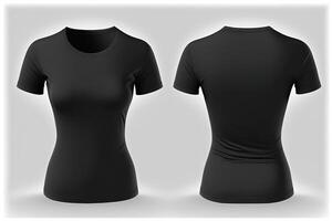 Photo realistic female black t-shirts with copy space, front and back view.