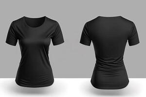 Photo realistic female black t-shirts with copy space, front and back view.