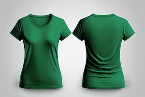 Photo realistic female green t-shirts with copy space, front and back view.