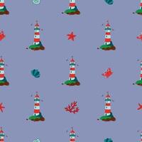 Seamless pattern with lighthouse, crabs, starfish, shell and caral. Design for fabric, textile, wallpaper, packaging. vector