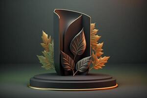 Realistic 3D luxury podium with leaves and golden elements for cosmetic or fashion product display. photo