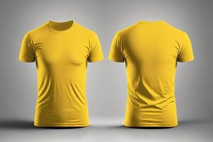 foto realista masculino amarillo camisetas con Copiar espacio, frente y espalda vista. ai generado