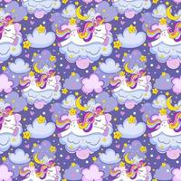 Kawaii cute unicorn sleeps on the clouds. Vector sweet dreams seamless pattern