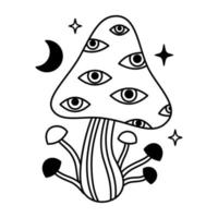 Vector magic mushrooms, stars and moon in black color. Outline mystical mushroom with eyes. Fairytale esoteric mushroom.
