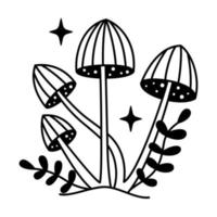 Vector magic striped mushrooms and stars in black color. Mystical line fungi. Outline fairytale mushrooms and leaves. Witchy esoteric mystic mushrooms.