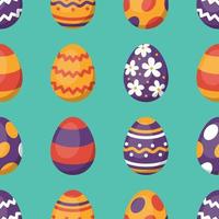 Vector easter seamless pattern. Easter eggs in flat design on green background. Egg hunt.