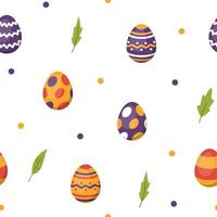 Vector easter seamless pattern with eggs, dots and leaves. Easter eggs on white background. Botanical pattern.