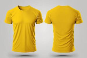 Photo realistic male yellow t-shirts with copy space, front and back view.