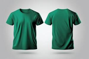 Photo realistic male green t-shirts with copy space, front and back view.