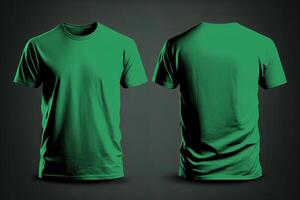 Photo realistic male green t-shirts with copy space, front and back view.