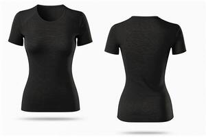 Photo realistic female black t-shirts with copy space, front and back view.