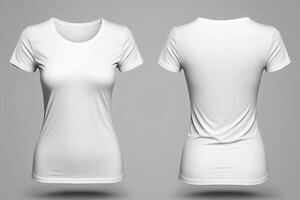 Photo realistic female white t-shirts with copy space, front and back view.