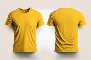 Photo realistic male yellow t-shirts with copy space, front and back view.