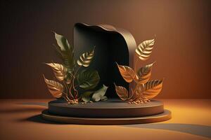 realista 3d lujo podio con hojas y dorado elementos para cosmético o Moda producto mostrar. ai generado foto