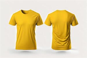 foto realista masculino amarillo camisetas con Copiar espacio, frente y espalda vista. ai generado