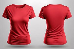 Photo realistic female red t-shirts with copy space, front and back view.