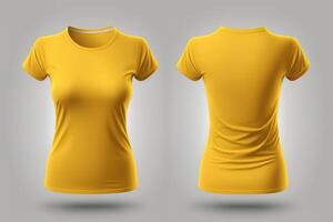 foto realista hembra amarillo camisetas con Copiar espacio, frente y espalda vista. ai generado
