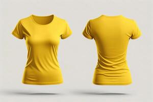 Photo realistic female yellow t-shirts with copy space, front and back view.