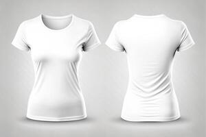 Photo realistic female white t-shirts with copy space, front and back view.