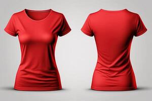 Photo realistic female red t-shirts with copy space, front and back view.