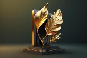 Realistic 3D luxury podium with leaves and golden elements for cosmetic or fashion product display. photo