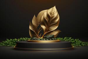 Realistic 3D luxury podium with leaves and golden elements for cosmetic or fashion product display. photo