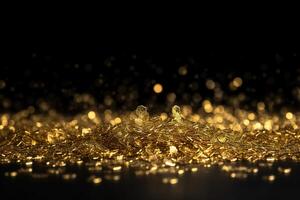 Golden glitters on black background. photo