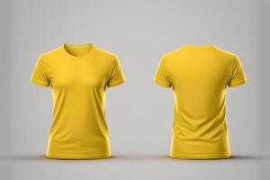 Photo realistic male yellow t-shirts with copy space, front and back view.