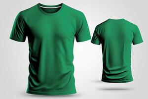 Photo realistic male green t-shirts with copy space, front and back view.