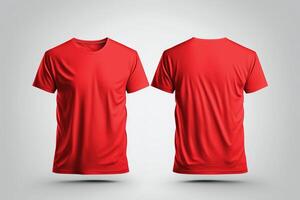 Photo realistic male red t-shirts with copy space, front and back view.