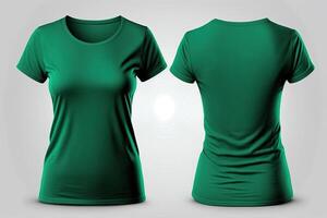 Photo realistic female green t-shirts with copy space, front and back view.