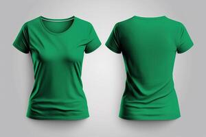 Photo realistic female green t-shirts with copy space, front and back view.