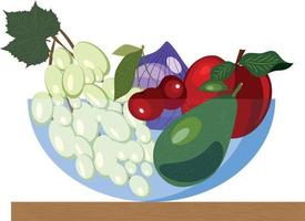 High quality vector illustration. Transparent glass bowl with fruits on the table. Apple, grapes, avocado, dates, cherries.