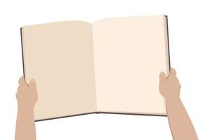 A child's hands holding an open book. Vector illustration, isolated on white. Blank space for text. Day of book lovers. Concept of education and development