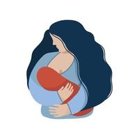 A woman holds a newborn baby in her arms and breastfeeds it. Concept of motherhood. Vector illustration, isolated on white background. World Breastfeeding Week.