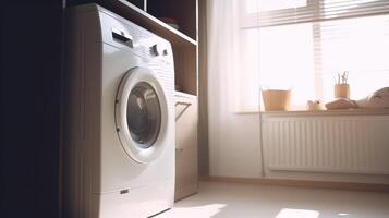 Modern Laundry Room, Stylish Furniture and Advanced Appliances. photo