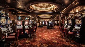 un prodigar casino interior con abundante espacio máquinas. generativo ai foto