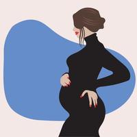 vector image of a pregnant woman in a black dress. Side view of a pregnant woman.