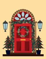 Christmas card. Christmas wreath on the door. House during Christmas. High quality vector illustration.