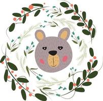 Vector image. Muzzle of a gray bear with flowers.