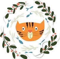 Vector image. Muzzle of a red cat with flowers.