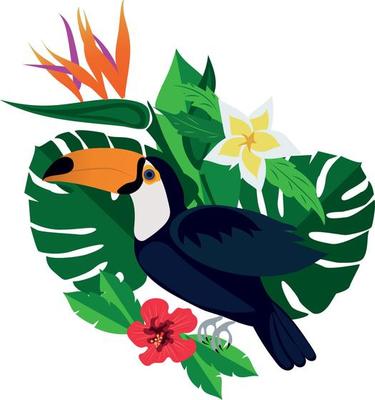 Exotic flowers and bird. Toucan. High quality vector illustration.