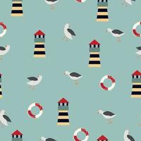 Marine vector pattern. Pattern with seagulls, lighthouses and lifebuoys. High quality vector illustration.