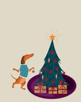 vector image Christmas card. Dachshund dog decorates the Christmas tree.