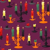 A pattern of a set of candles of varying degrees of burnout with candlesticks on purple. Red, black, yellow candles for divination in groups. Gift wrapping for Halloween. Candles are burning vector