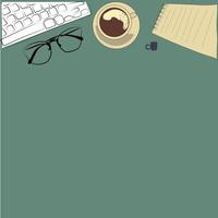 vector illustration of working place in the office. Laptop, notepad, glasses and a cup of coffee are on the table. Free space for your text.