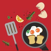 vector illustration of breackfast on a red background. Illustration of eggs and toasts