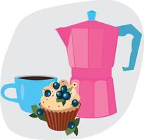 Delicious breakfast with coffee. Muffin. Coffee maker. High quality vector image.