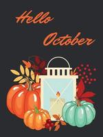 Autumn postcard. Pumpkins and autumn leaves. October. High quality vector illustration.