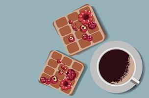 Vector image of a white cup with coffee and two Belgian waffles with raspberries and cranberries